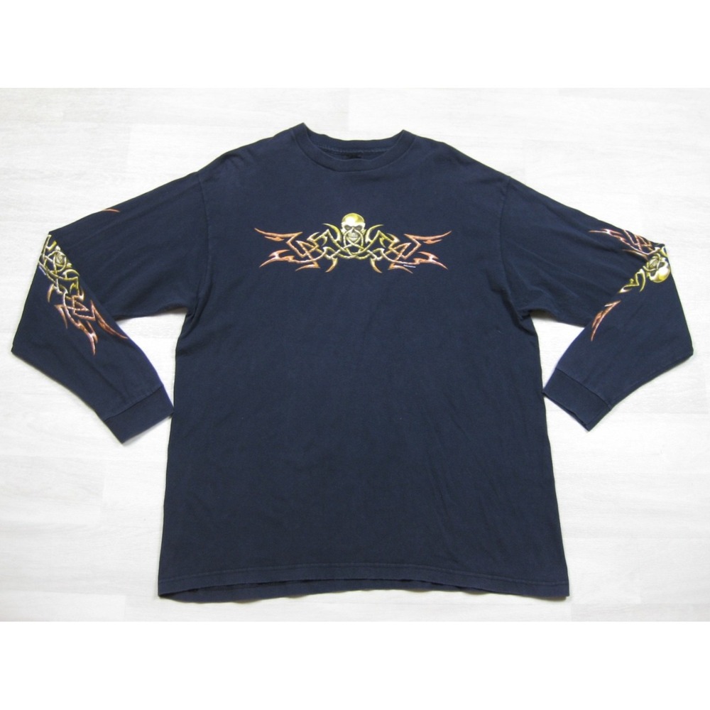 Vintage Y2K Long Sleeve Skull T Shirt (XL) Tribal Sleeve Hit Cyber Goth Skater